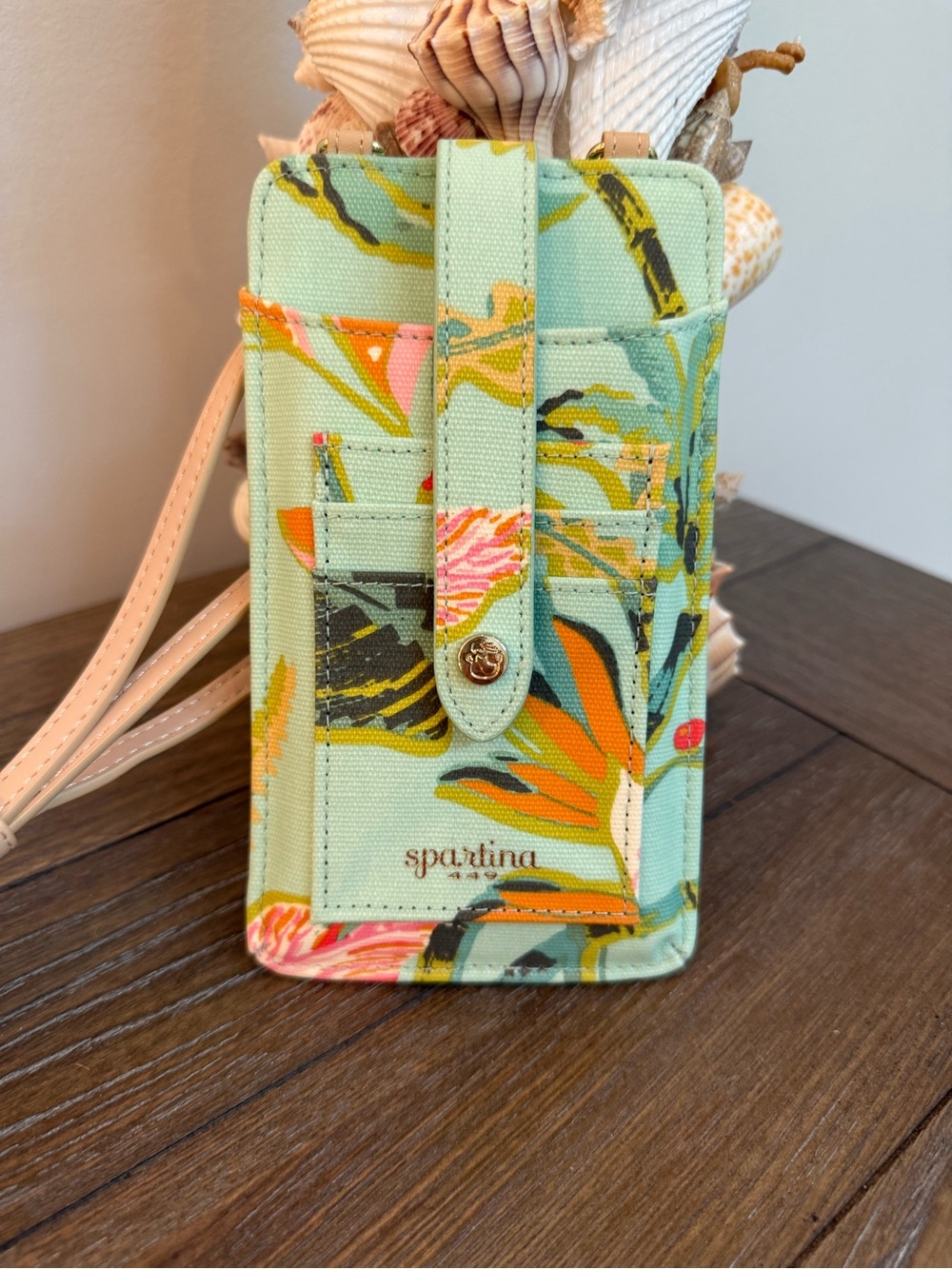 Spartina 449 Lilly Phone Crossbody Queenie Floral Sea Foam Wallet with Tan Strap - Picture 3 of 4